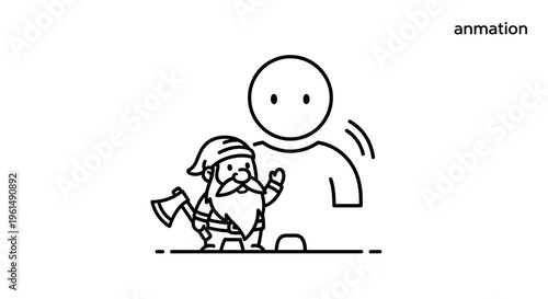 Charming line art of a small bearded figure with an axe interacting with a minimalist person icon,