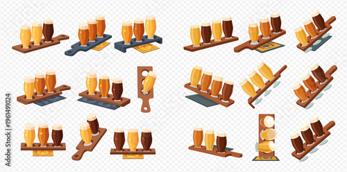 Beer tasting flights with various types of craft beer in glasses on wooden paddles, set of isometric icons.
