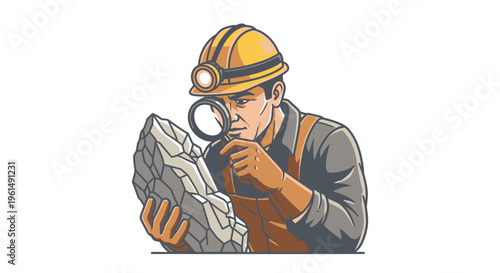 Man in hard hat examining rock.