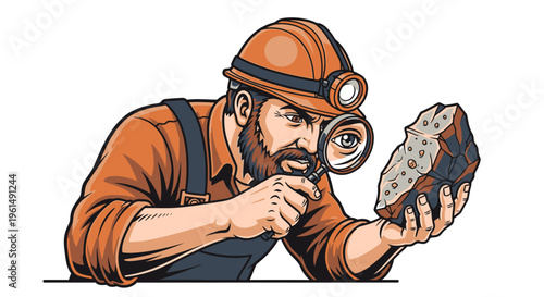 Man in mining helmet examining rock.
