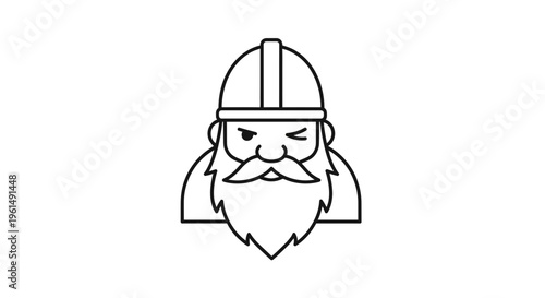 Minimalist line art icon of a winking bearded character wearing a hard hat, perfect for industrial