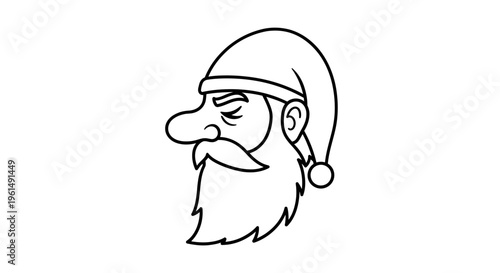 Monochrome vector outline of a sleepy old man with a long beard and a festive winter hat for