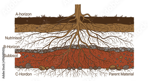 Soil layers with tree roots underground.