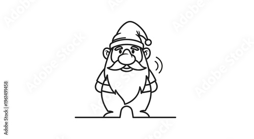 Charming minimalist line art illustration of a friendly garden gnome with a pointed hat and long