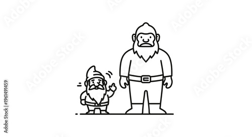 A charming simple line illustration depicting a small gnome waving beside a tall, stoic bearded