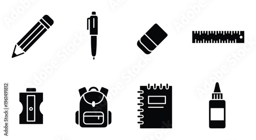 Back to school solid icons collection including pencil pen eraser ruler sharpener backpack and glue