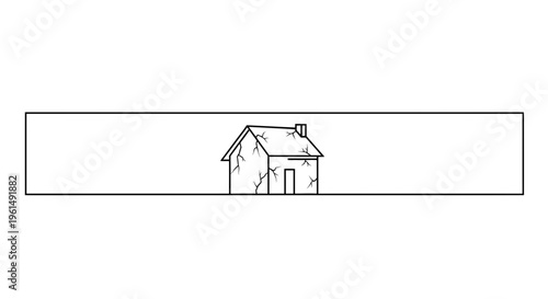 Simple minimalist line art illustration of a cracked and damaged house structure