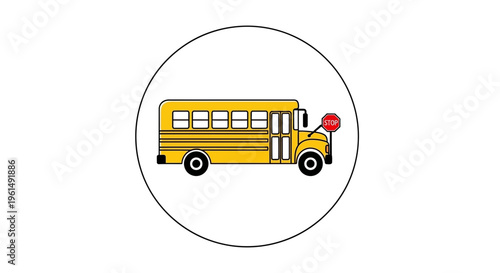 Vibrant yellow school bus illustration with extended stop sign in a clear circular graphic for