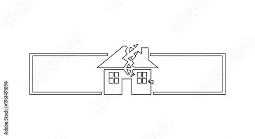 Continuous line art depicting a dwelling undergoing structural damage or a significant property