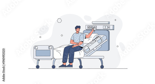 Patient sitting on hospital bed, interacting with medical equipment, healthcare concept
