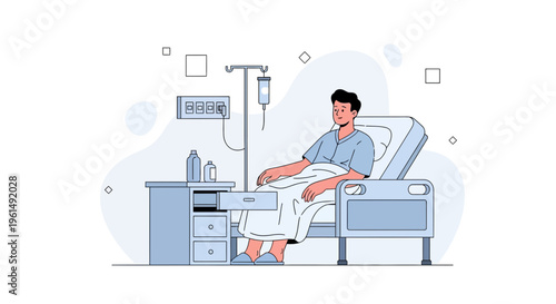 Patient in hospital bed with IV drip, medical equipment and bedside table