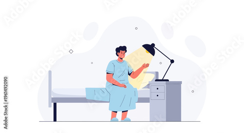 Patient in hospital gown sitting on bed, reading under a desk lamp