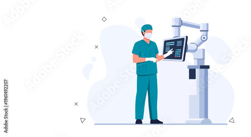Surgeon Operating Robotic Arm System with Digital Screen in Modern Operating Room