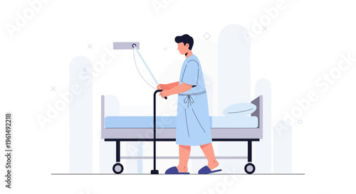 Patient with walker in hospital room, recovery and rehabilitation concept