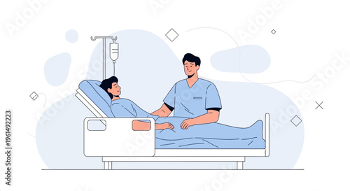 Nurse caring for patient in hospital bed with IV drip, medical illustration