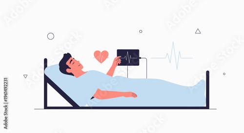 Patient in Hospital Bed Connected to Heart Monitor with EKG Display