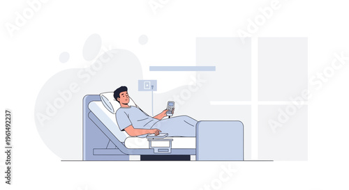 Patient in Hospital Bed with Remote Control, Medical Care Concept