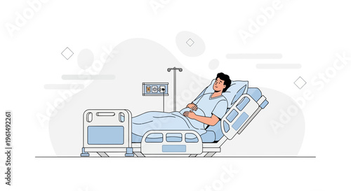 Patient Lying in Hospital Bed with IV Drip and Monitor - Medical Illustration