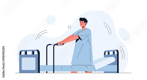 Patient with walker recovering next to hospital bed, flat illustration