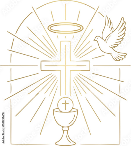 Golden Line Art of Holy Spirit Dove, Eucharist Chalice and Cross in Radiant Arch – Christian Sacrament Vector Illustration