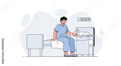 Patient sitting on hospital bed, medical care, recovery, healthcare concept