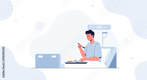 Patient eating meal in hospital bed, recovery and healthcare concept