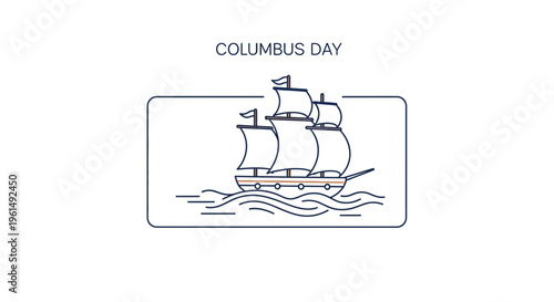 Minimalist line illustration of a historic ship sailing ocean waves for Columbus Day celebration