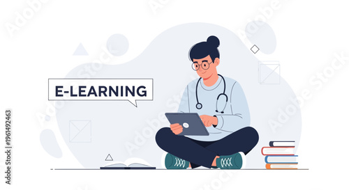 Doctor studying e-learning on tablet, sitting cross-legged with books