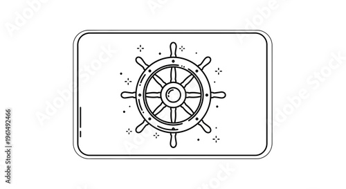 Minimalist line art illustration of a ship's steering wheel for nautical design elements