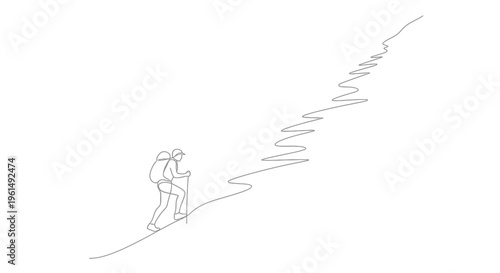 Minimalist continuous line art of a solitary hiker ascending a winding mountain path symbolizing