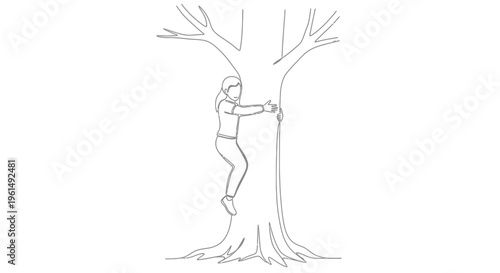 Minimalist continuous line art depicting a determined youthful figure ascending a robust tree trunk