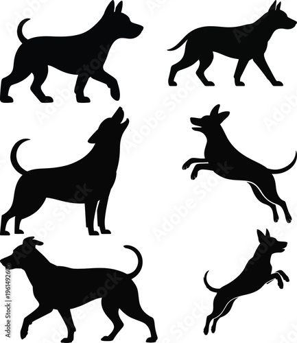 Six black dog silhouettes in various running and standing positions