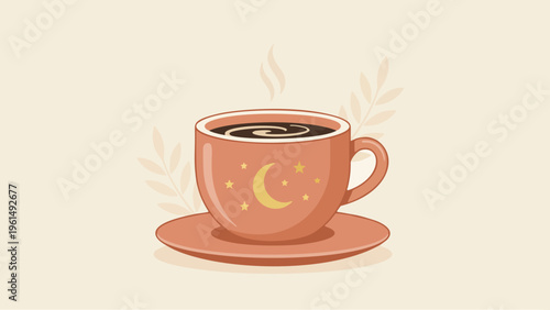 Celestial Coffee Concept with Moon and Stars Illustration on a Minimalist Terracotta Cup