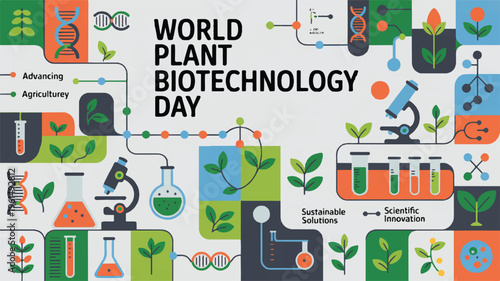 World plant biotechnology day infographic with DNA, plants, microscopes, test tubes, plant science