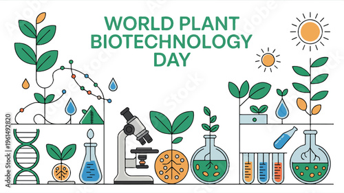 World plant biotechnology day banner with scientific elements, plants, and laboratory equipment, test tube