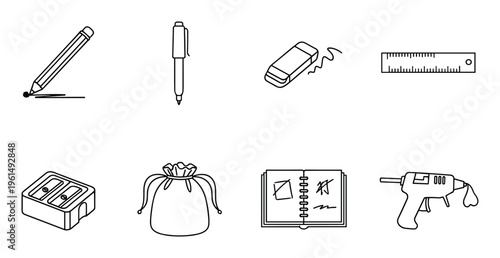 Educational and art supply line icons set featuring drawing tools and school equipment on transparent