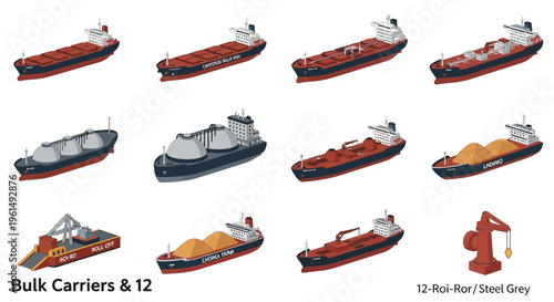 Bulk carrier ships in different colors.