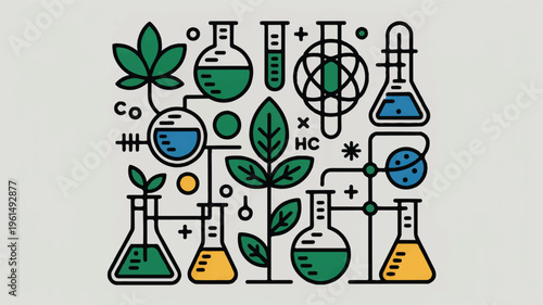 Abstract scientific pattern with plants, flasks, and molecules in green and blue, science technology