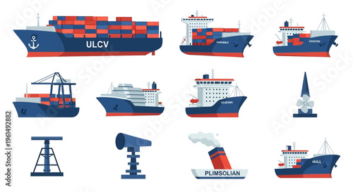 Cargo ships and industrial maritime icons.