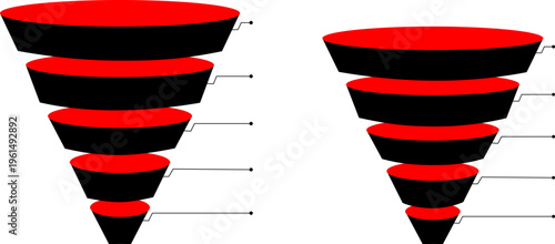 Marketing sales funnel diagram with five levels of data, 3D red and black perspective pyramid for lead conversion, Business infographic element for analyzing customer journey stages