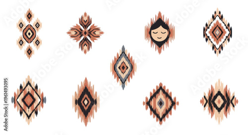 Abstract ethnic diamond shapes pattern with warm earth tones on white background, stylish boho design perfect for textiles or decor