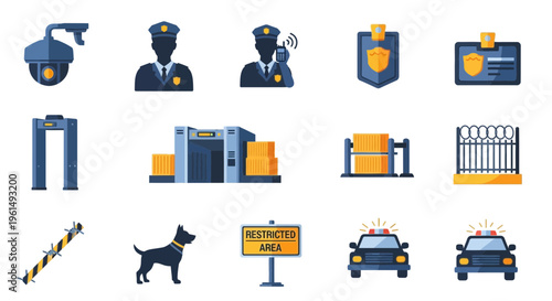 Security icons set with police cars.