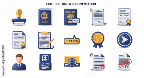 Port customs and documentation icons.