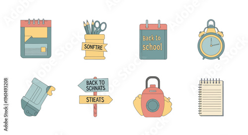 Back to school supplies icons including calendar, alarm clock, pencils, sharpener, backpack, and notepad in pastel colors for educational projects