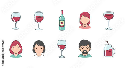 Cartoon avatar illustrations with wine glasses, bottle, and juice jar, perfect for social media, apps, and drinks-related projects