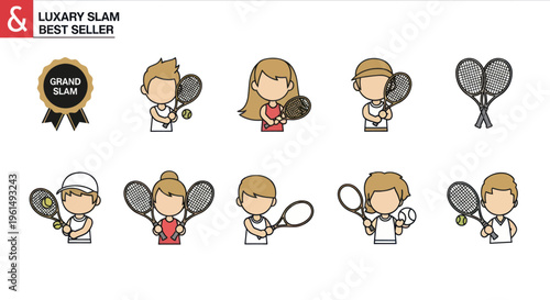 Cartoon tennis players icons with rackets and balls, grand slam badge, and crossed tennis rackets, ideal for sports and tennis related designs