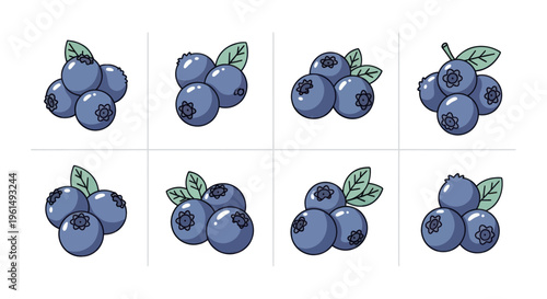 Collection of cartoon blueberry illustrations with leaves, fresh and healthy fruit icons perfect for food packaging, recipes, and healthy lifestyle designs