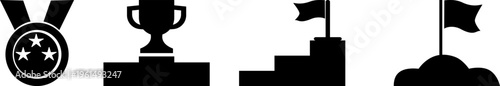 Sports victory and achievement milestone icons set, trophy and podium silhouettes for success representation, competitive goal and winning concept symbols
