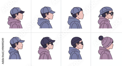 Collection of male cartoon avatars in side profile wearing various headwear including caps, beanies, and hoodies, suitable for character design and social media icons