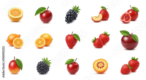 Collection of various colorful fresh fruits including apples, strawberries, blackberries, oranges, and exotic fruits on white background, perfect for healthy food designs